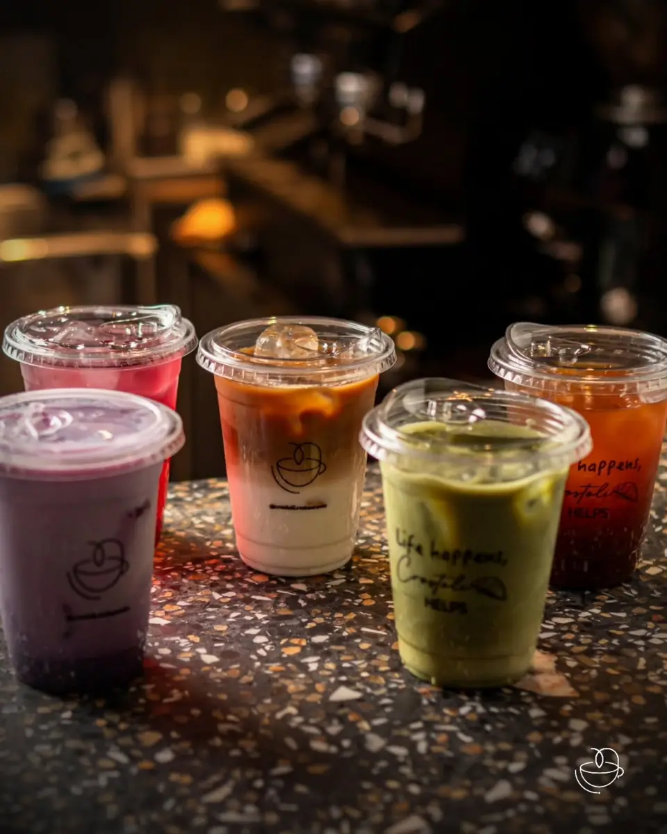 Bebidas frías de Crostoli: taro, latte, matcha y tisana